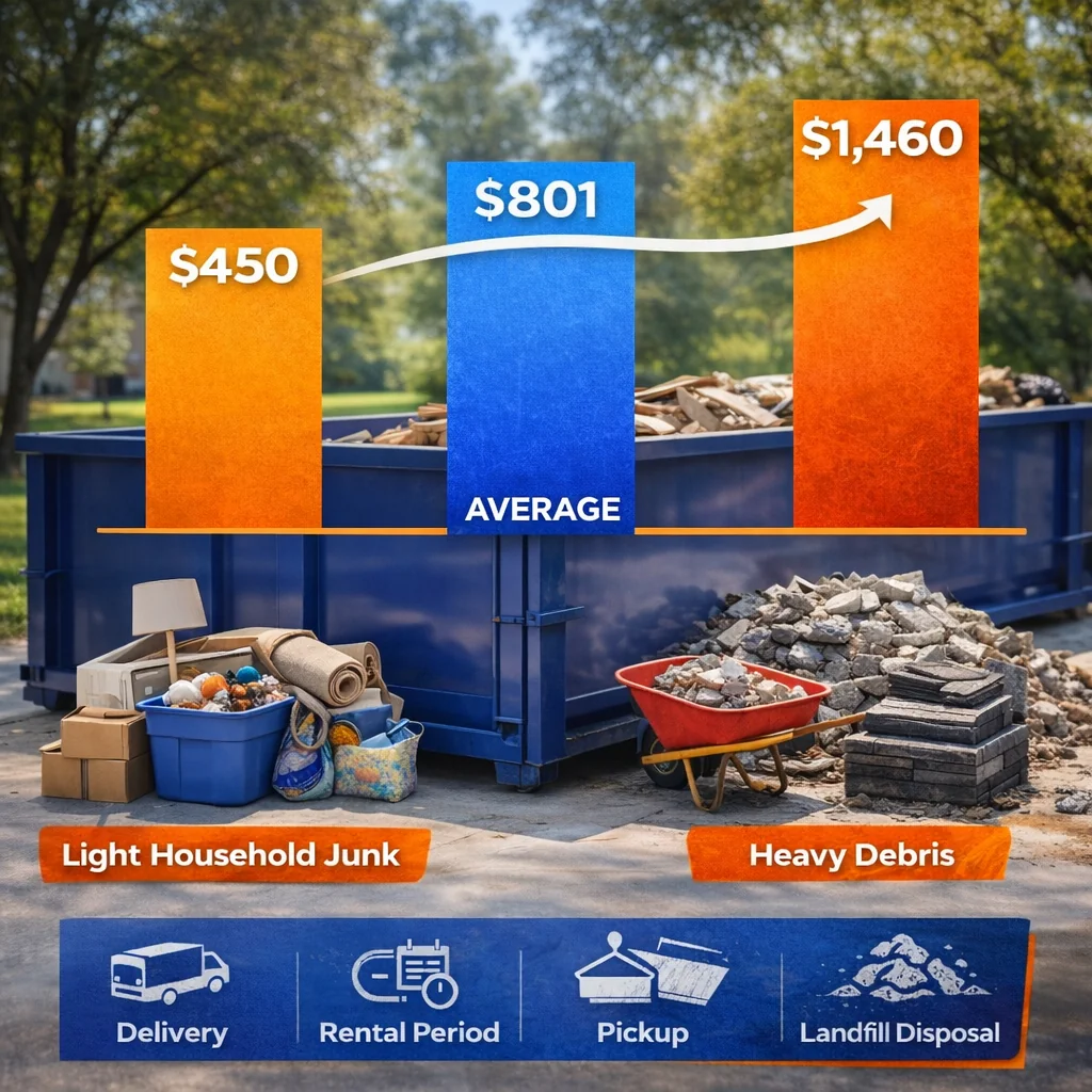 30 yard dumpster rental Abilene cost showing price range for light and heavy debris loads