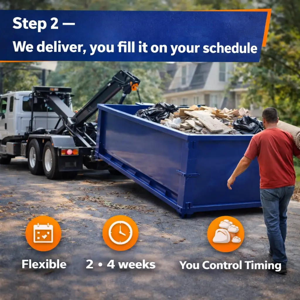 dumpster delivery truck placing a 30 yard roll off container on driveway for flexible cleanup use