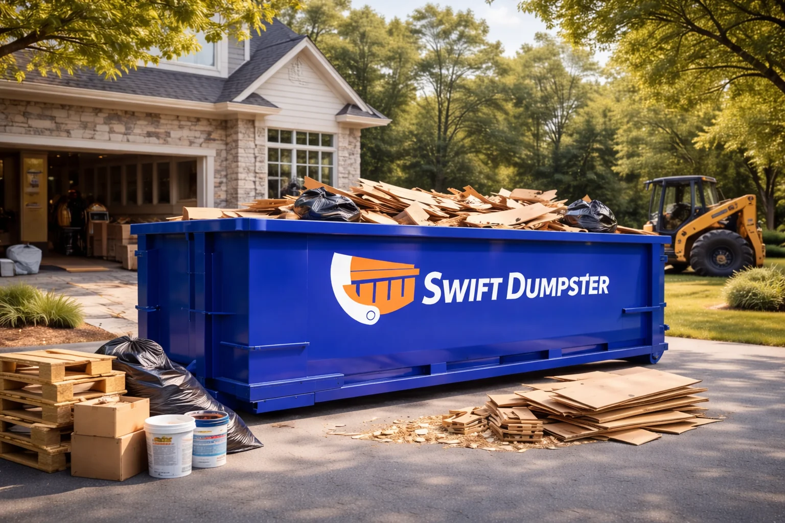 30 yard dumpster rental Abilene on driveway filled with construction debris ready for removal