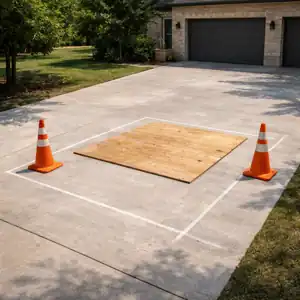 driveway marked with cones and plywood for dumpster placement in Abilene Texas